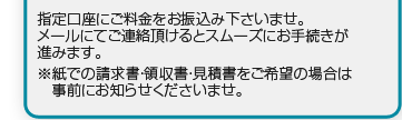 指定口座にご料金を振込み下さいませ。メールにてご連絡頂けるとスムーズにお手続きが進みます。