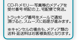 CD-R・メモリー・写真等のメディアを受付番号明記のうえ宅配便で発送。トラッキング番号をメールで通知頂けるとスムーズに処理が進みます。